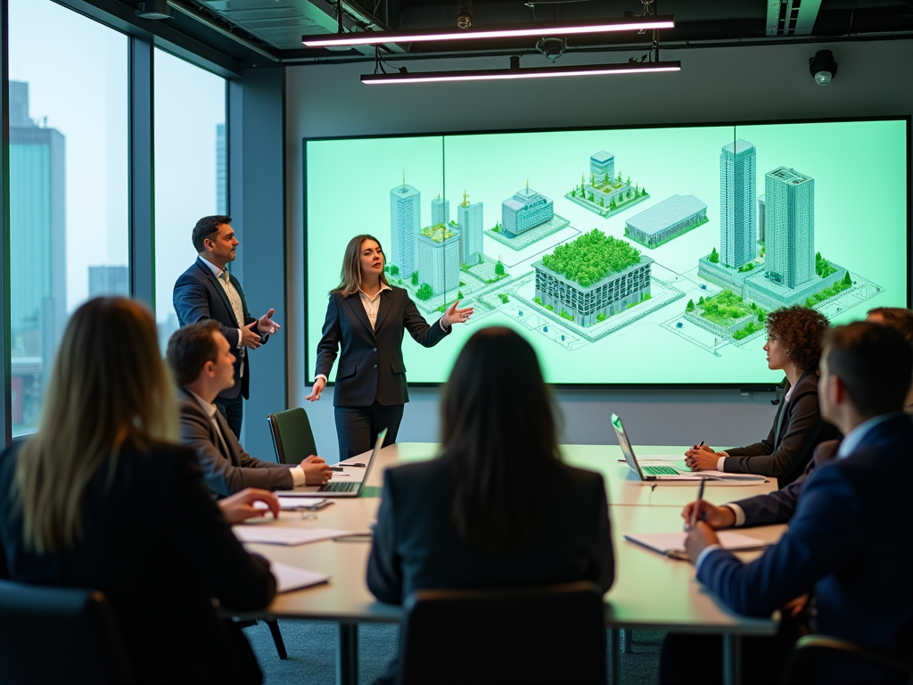 A business meeting in a modern conference room with a presentation on urban architecture and design.